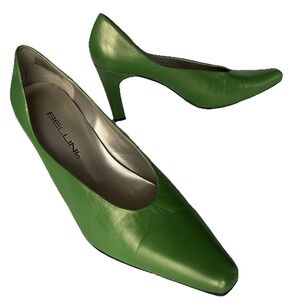 Bellini Green Leather Gold Bottom‎ Silver Insole Nipped Toe 3.5" Heel Sz Mm 7